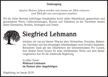 Traueranzeige von Siegfried Lehmann  von Magdeburger Volksstimme