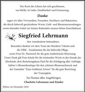 Traueranzeige von Siegfried Lehrmann  von Magdeburger Volksstimme