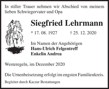 Traueranzeige von Siegfried Lehrmann  von Magdeburger Volksstimme