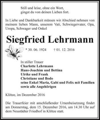 Traueranzeige von Siegfried Lehrmann  von Magdeburger Volksstimme