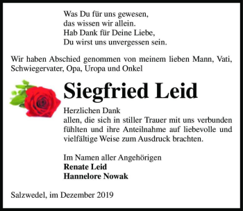 Traueranzeige von Siegfried Leid  von Magdeburger Volksstimme