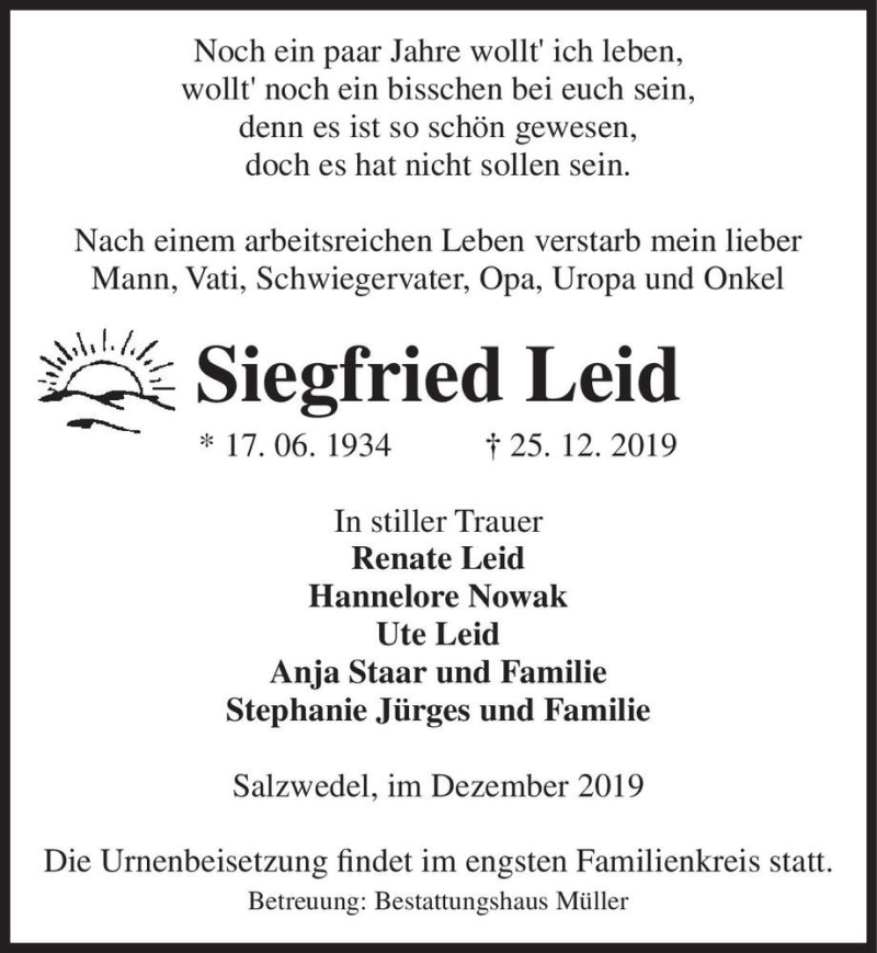  Traueranzeige für Siegfried Leid  vom 30.12.2019 aus Magdeburger Volksstimme