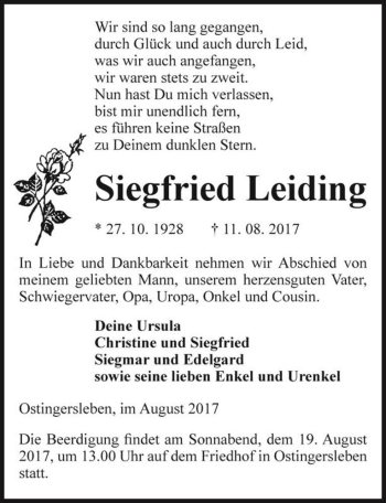 Traueranzeige von Siegfried Leiding  von Magdeburger Volksstimme