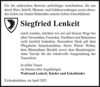 Traueranzeige von Siegfried Lenkeit  von Magdeburger Volksstimme