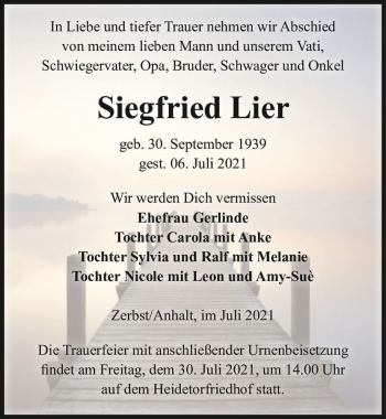 Traueranzeige von Siegfried Lier  von Magdeburger Volksstimme