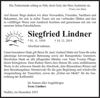 Traueranzeige von Siegfried Lindner  von Magdeburger Volksstimme