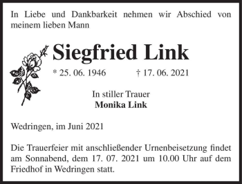Traueranzeige von Siegfried Link  von Magdeburger Volksstimme