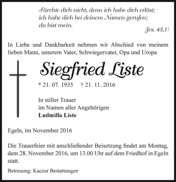 Traueranzeige von Siegfried Liste  von Magdeburger Volksstimme