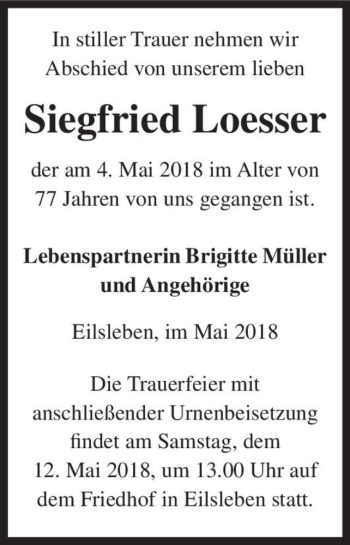 Traueranzeige von Siegfried Loesser  von Magdeburger Volksstimme