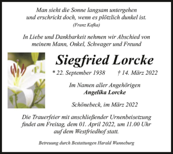 Traueranzeige von Siegfried Lorcke  von Magdeburger Volksstimme