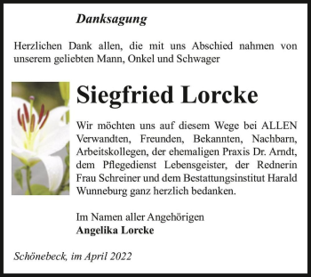 Traueranzeige von Siegfried Lorcke  von Magdeburger Volksstimme