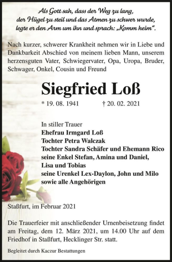 Traueranzeige von Siegfried Loß  von Magdeburger Volksstimme