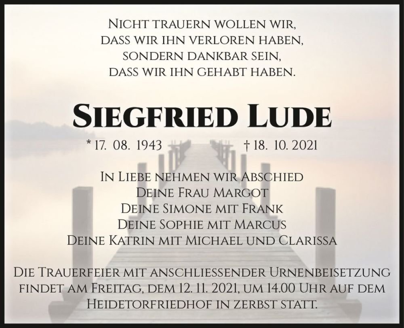  Traueranzeige für Siegfried Lude  vom 06.11.2021 aus Magdeburger Volksstimme