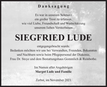 Traueranzeige von Siegfried Lude  von Magdeburger Volksstimme
