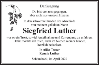 Traueranzeige von Siegfried Luther  von Magdeburger Volksstimme