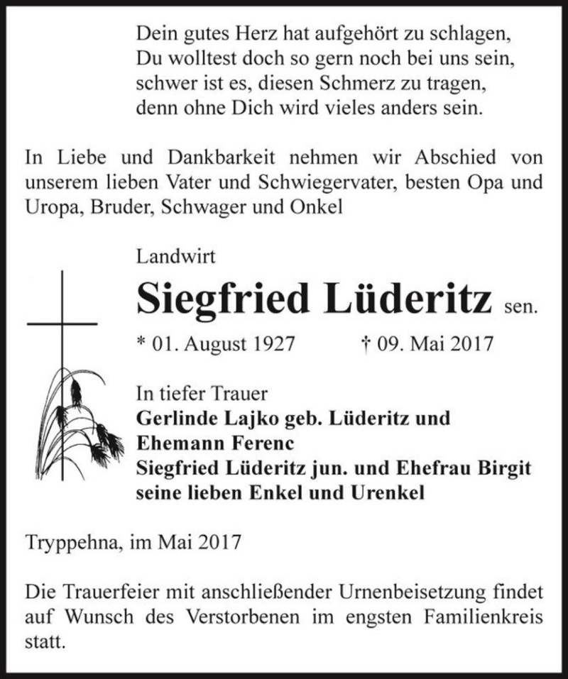  Traueranzeige für Siegfried Lüderitz sen.  vom 20.05.2017 aus Magdeburger Volksstimme