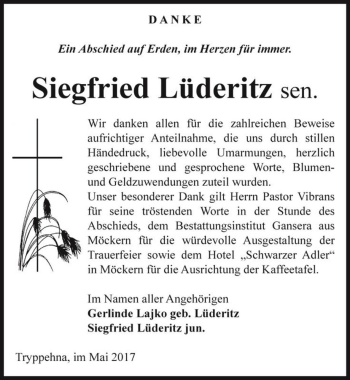 Traueranzeige von Siegfried Lüderitz sen.  von Magdeburger Volksstimme