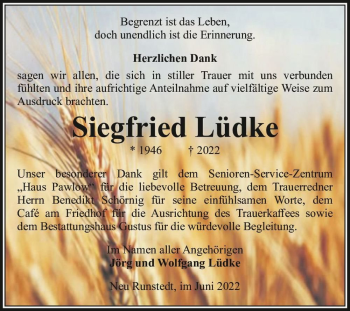 Traueranzeige von Siegfried Lüdke  von Magdeburger Volksstimme