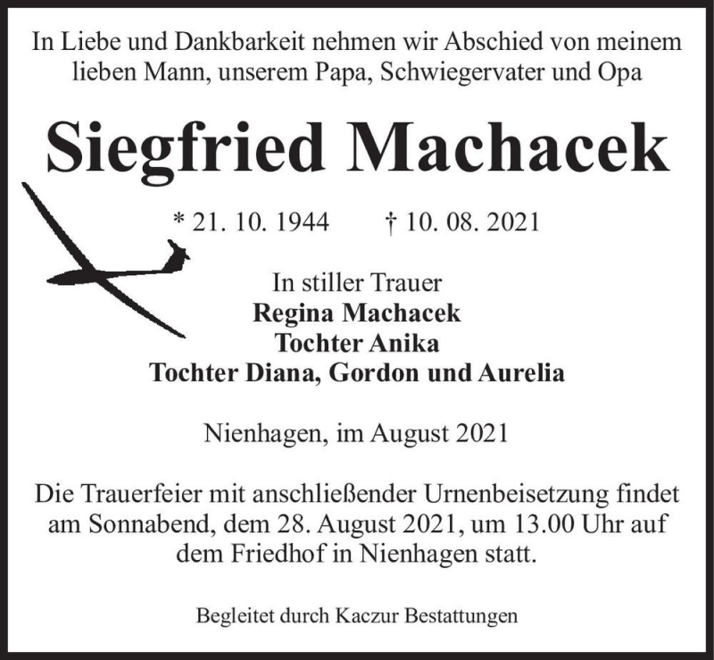  Traueranzeige für Siegfried Machacek  vom 21.08.2021 aus Magdeburger Volksstimme