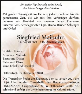 Traueranzeige von Siegfried Maibuhr  von Magdeburger Volksstimme