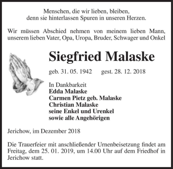 Traueranzeige von Siegfried Malaske  von Magdeburger Volksstimme