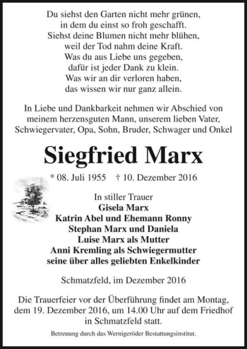Traueranzeige von Siegfried Marx  von Magdeburger Volksstimme