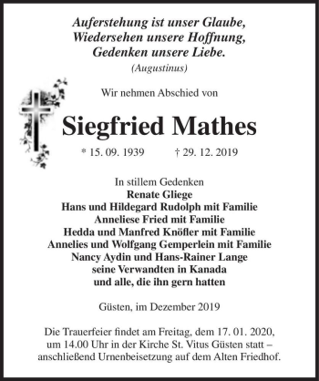 Traueranzeige von Siegfried Mathes  von Magdeburger Volksstimme