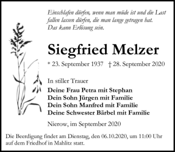 Traueranzeige von Siegfried Melzer  von Magdeburger Volksstimme