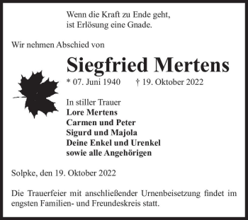 Traueranzeige von Siegfried Mertens  von Magdeburger Volksstimme