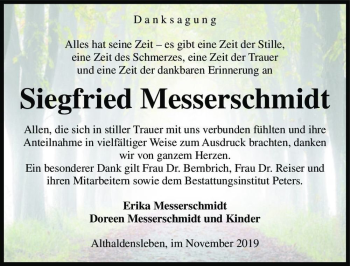 Traueranzeige von Siegfried Messerschmidt  von Magdeburger Volksstimme