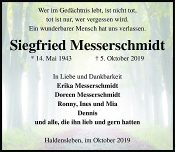 Traueranzeige von Siegfried Messerschmidt  von Magdeburger Volksstimme