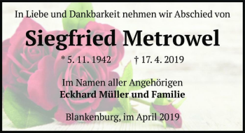 Traueranzeige von Siegfried Metrowel  von Magdeburger Volksstimme