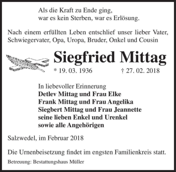 Traueranzeige von Siegfried Mittag  von Magdeburger Volksstimme