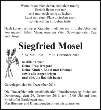 Traueranzeige von Siegfried Mosel  von Magdeburger Volksstimme