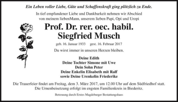 Traueranzeige von Siegfried Musch  von Magdeburger Volksstimme