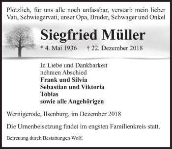 Traueranzeige von Siegfried Müller  von Magdeburger Volksstimme