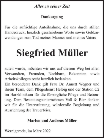 Traueranzeige von Siegfried Müller  von Magdeburger Volksstimme