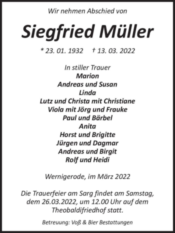 Traueranzeige von Siegfried Müller  von Magdeburger Volksstimme