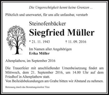 Traueranzeige von Siegfried Müller  von Magdeburger Volksstimme