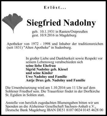 Traueranzeige von Siegfried Nadolny  von Magdeburger Volksstimme
