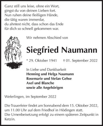 Traueranzeige von Siegfried Naumann  von Magdeburger Volksstimme