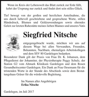 Traueranzeige von Siegfried Nitsche  von Magdeburger Volksstimme