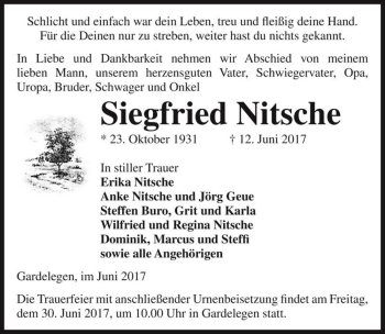 Traueranzeige von Siegfried Nitsche  von Magdeburger Volksstimme