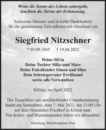 Traueranzeige von Siegfried Nitzschner  von Magdeburger Volksstimme