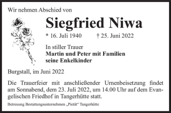 Traueranzeige von Siegfried Niwa  von Magdeburger Volksstimme