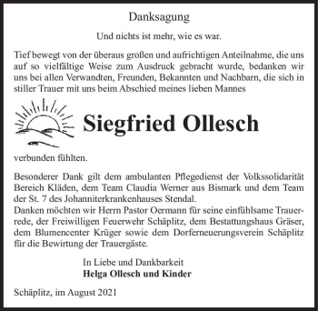 Traueranzeige von Siegfried Ollesch  von Magdeburger Volksstimme