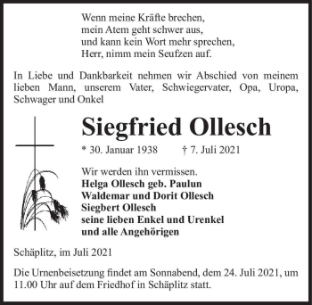 Traueranzeige von Siegfried Ollesch  von Magdeburger Volksstimme