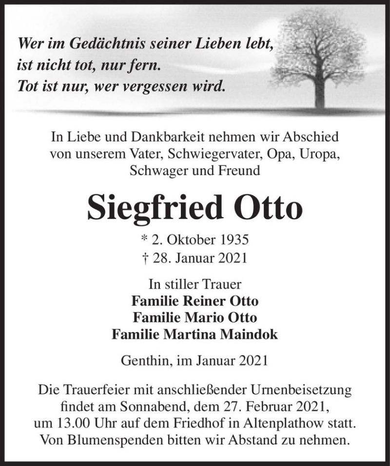 Traueranzeige für Siegfried Otto  vom 06.02.2021 aus Magdeburger Volksstimme