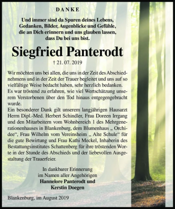 Traueranzeige von Siegfried Panterodt  von Magdeburger Volksstimme