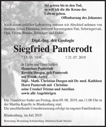 Traueranzeige von Siegfried Panterodt  von Magdeburger Volksstimme